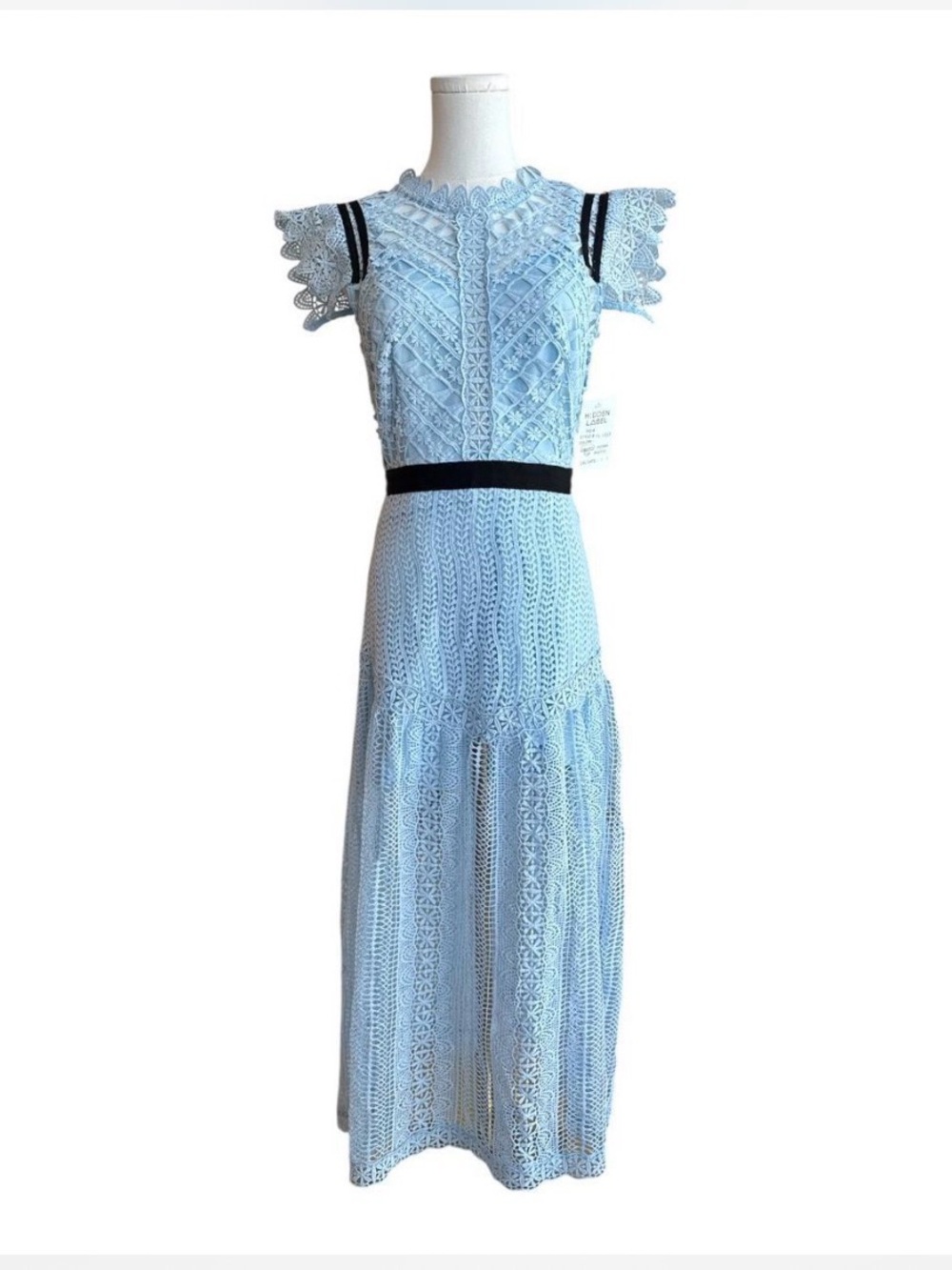 Light Blue Crochet Dress with Black Waist Detail